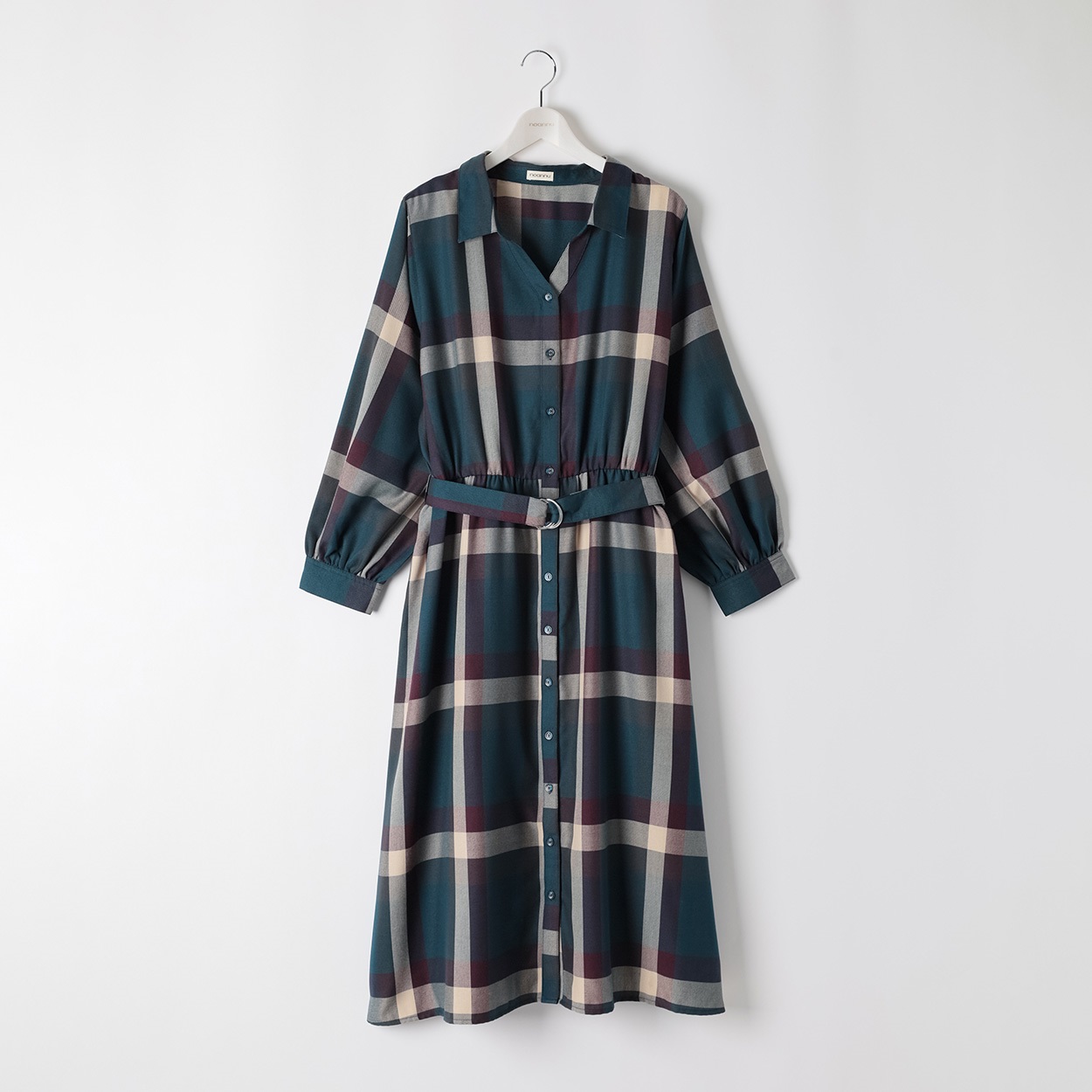 チェックシャツワンピース レディス ぽっちゃりサイズのnoannu 611519LN(ブルーグリーン-3L)