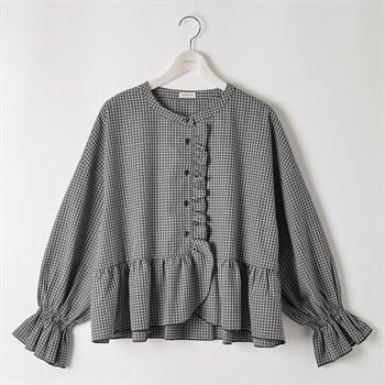 ＊K-style＊フリルチェックブラウス レディス ぽっちゃりサイズのnoannu 346658(ブラック-LL)