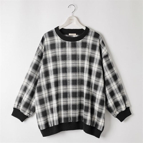 ＊K-style＊ニットリブ配色チェックプルオーバー レディス ぽっちゃりサイズのnoannu 346664(ブラック-LL)