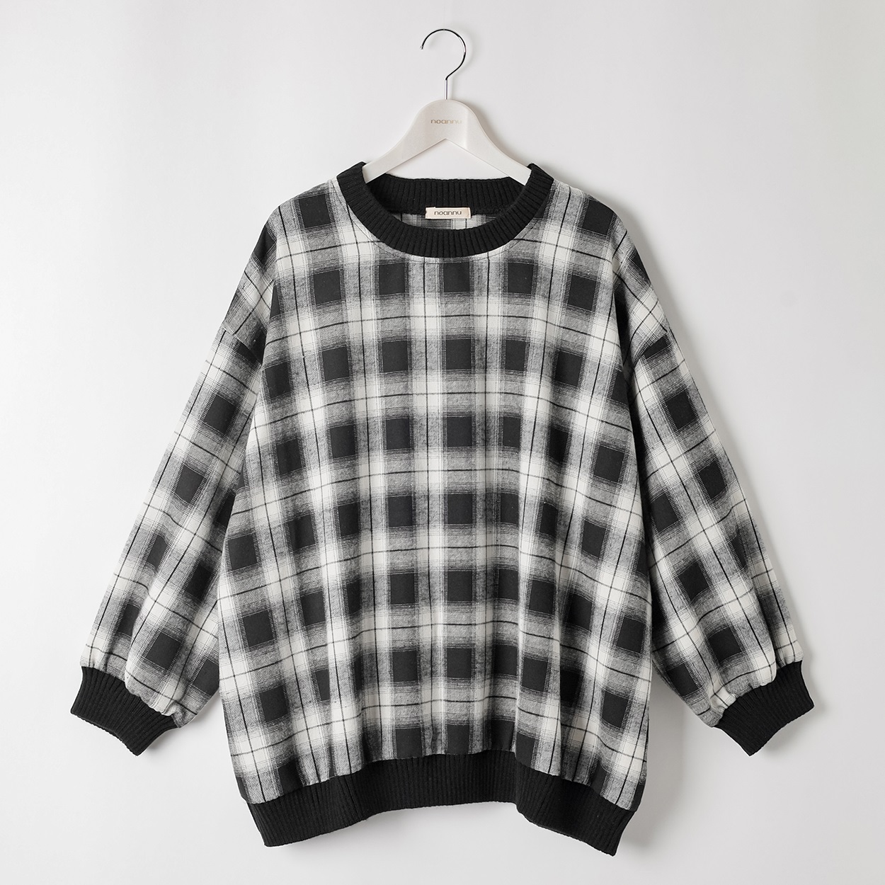 ＊K-style＊ニットリブ配色チェックプルオーバー レディス ぽっちゃりサイズのnoannu 346664(ブラック-5L)