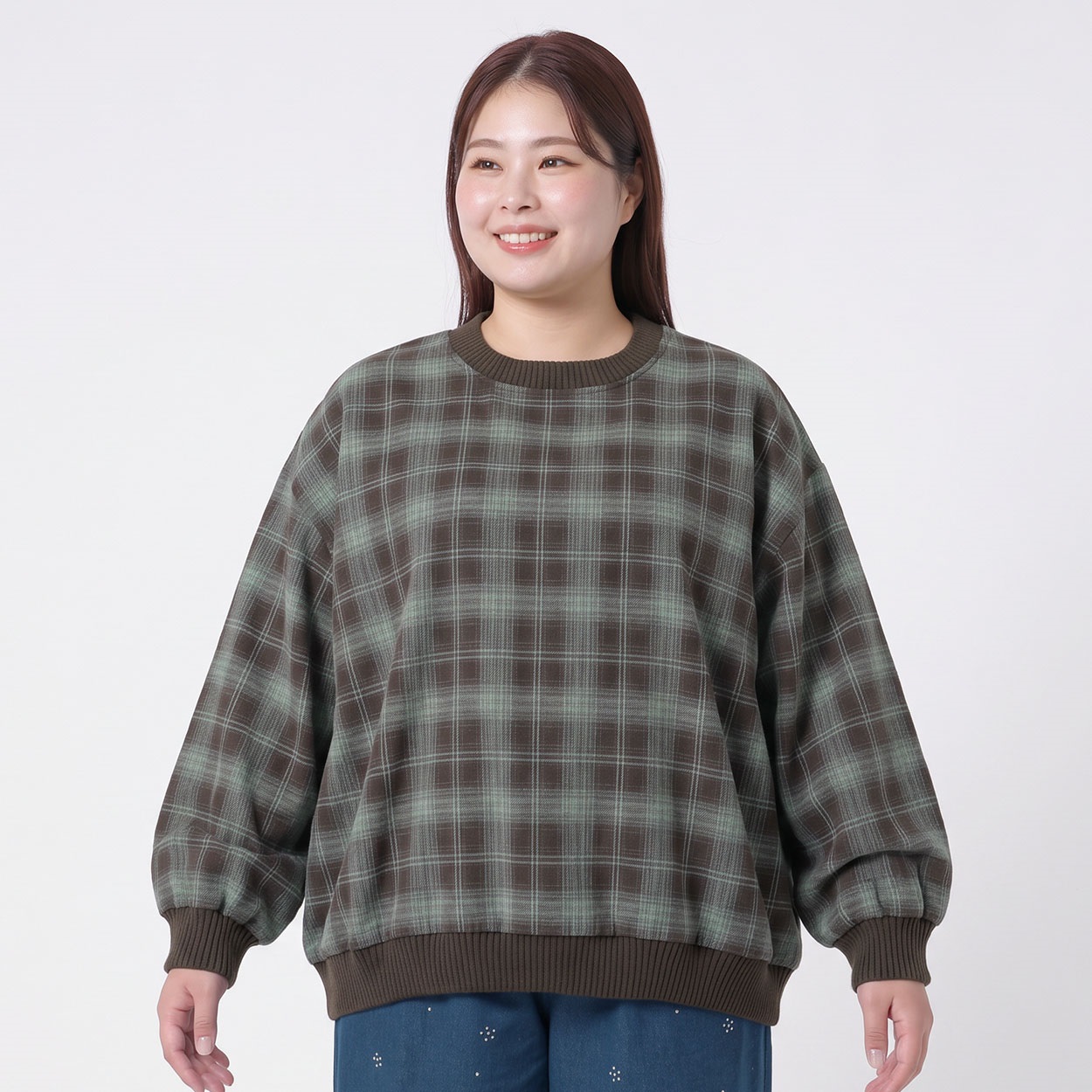 ＊K-style＊ニットリブ配色チェックプルオーバー レディス ぽっちゃりサイズのnoannu 346664(グリーン-5L)