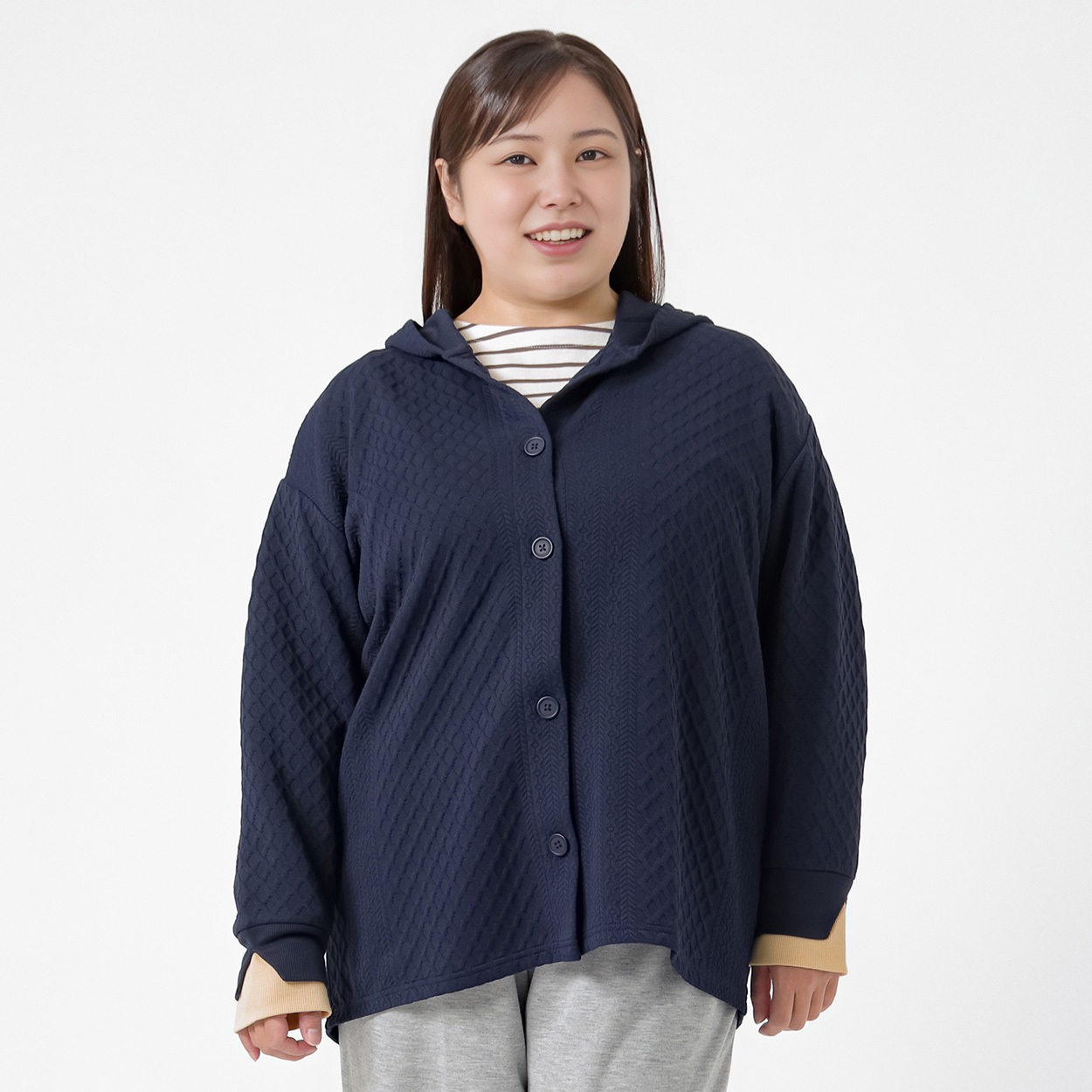 ＊Casual Style＊ジャカード袖配色前開きパーカ レディス 大きいサイズ noannu 641964CS(ネイビー-3L)