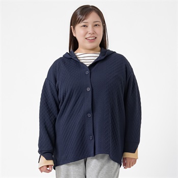 ＊Casual Style＊ジャカード袖配色前開きパーカ レディス 大きいサイズ noannu 641964CS(ネイビー-3L)