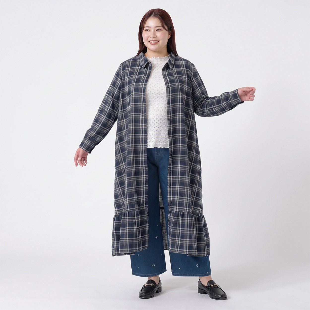 チェック柄シャツワンピース レディス ぽっちゃりサイズのnoannu 1226804(ネイビー-4L)