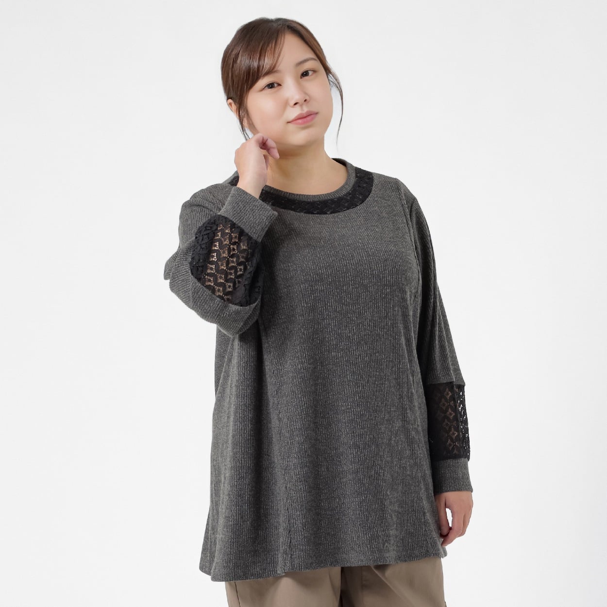 ＊Sweet Femi＊Aライン胸袖レースキリカエチュニック レディス 大きいサイズ noannu 363519(チャコ－ルグレ－-3L)