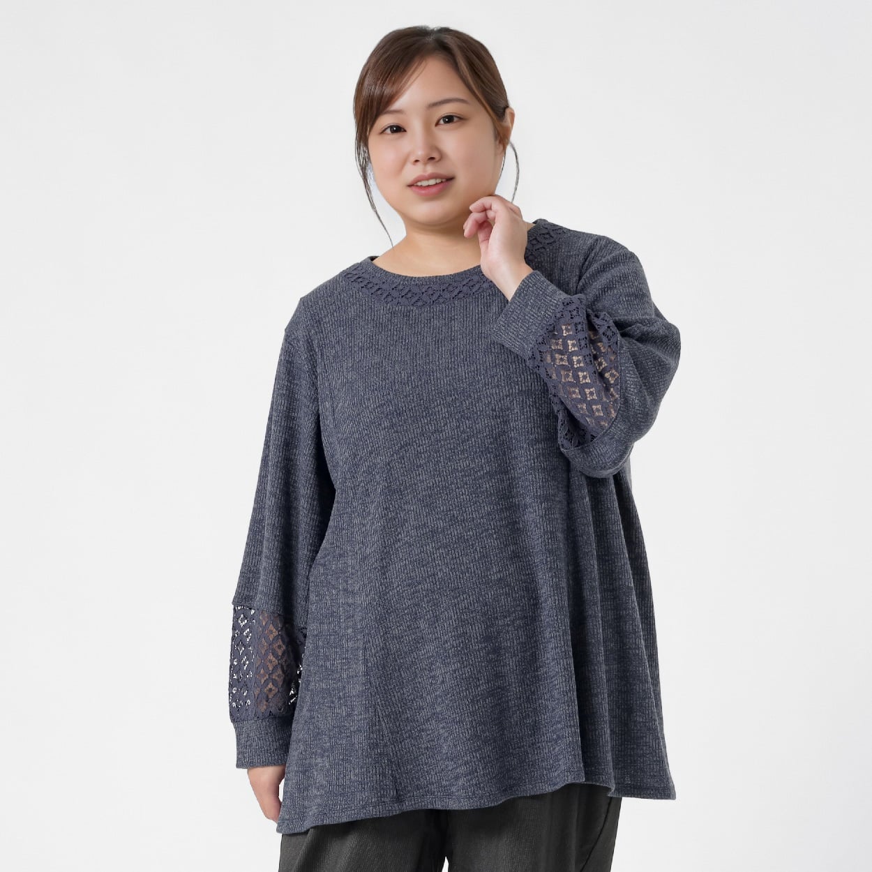 ＊Sweet Femi＊Aライン胸袖レースキリカエチュニック レディス 大きいサイズ noannu 363519(ネイビー-4L)