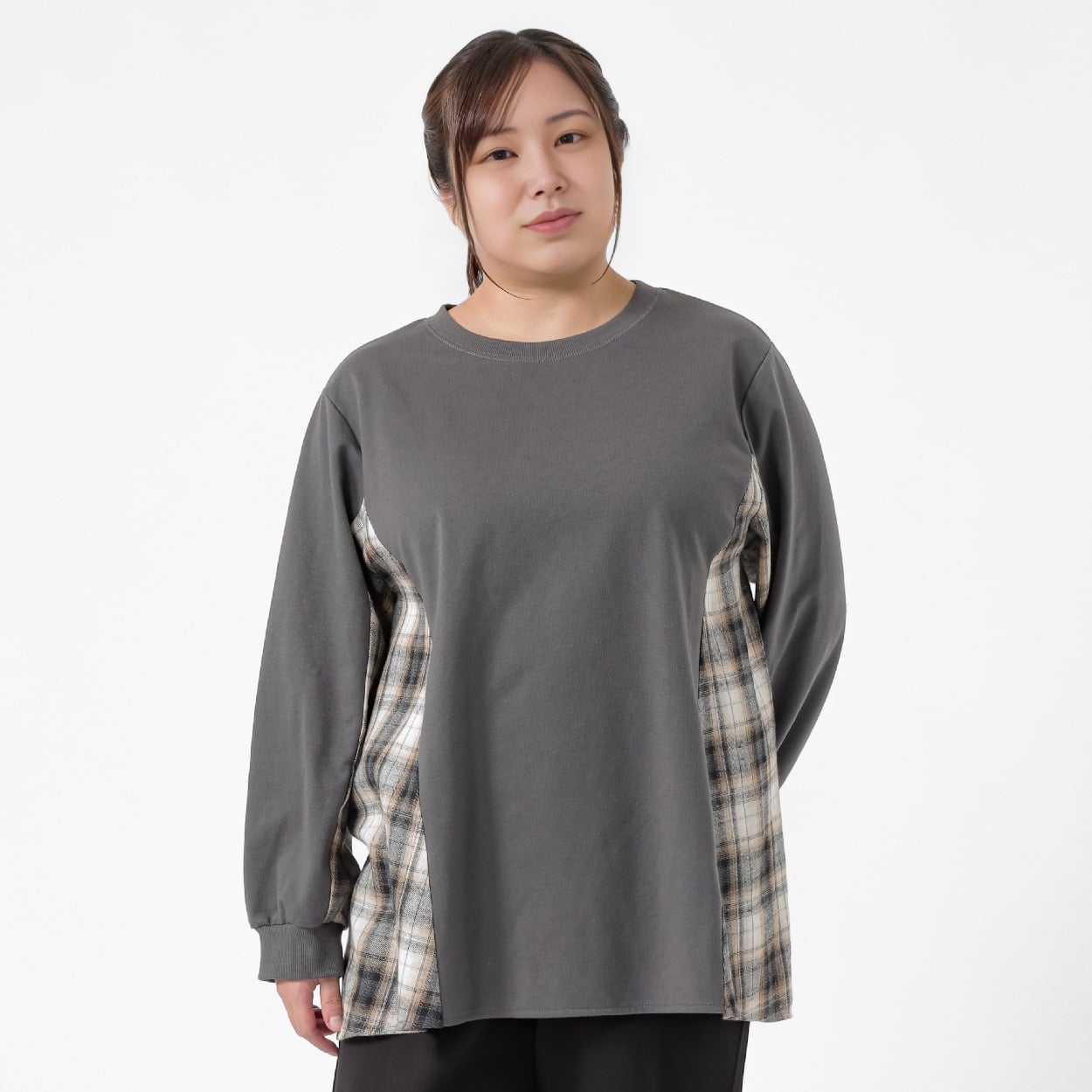 ＊Casual Style＊ミニ裏毛チェック切替Aラインチュニック レディス 大きいサイズ noannu 363522(チャコ－ルグレ－-5L)