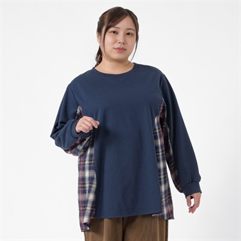 ＊Casual Style＊ミニ裏毛チェック切替Aラインチュニック レディス 大きいサイズ noannu 363522(ネイビー-3L)