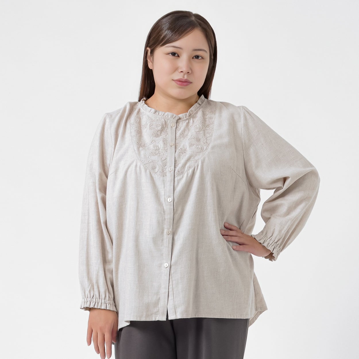 ＊Casual Style＊起毛ヨーク刺繍フリルネックブラウス レディス 大きいサイズ noannu 230241L(アイボリー-3L)