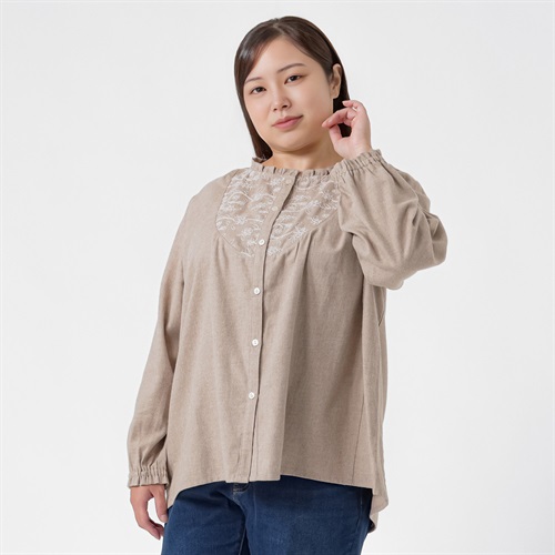 ＊Casual Style＊起毛ヨーク刺繍フリルネックブラウス レディス 大きいサイズ noannu 230241L