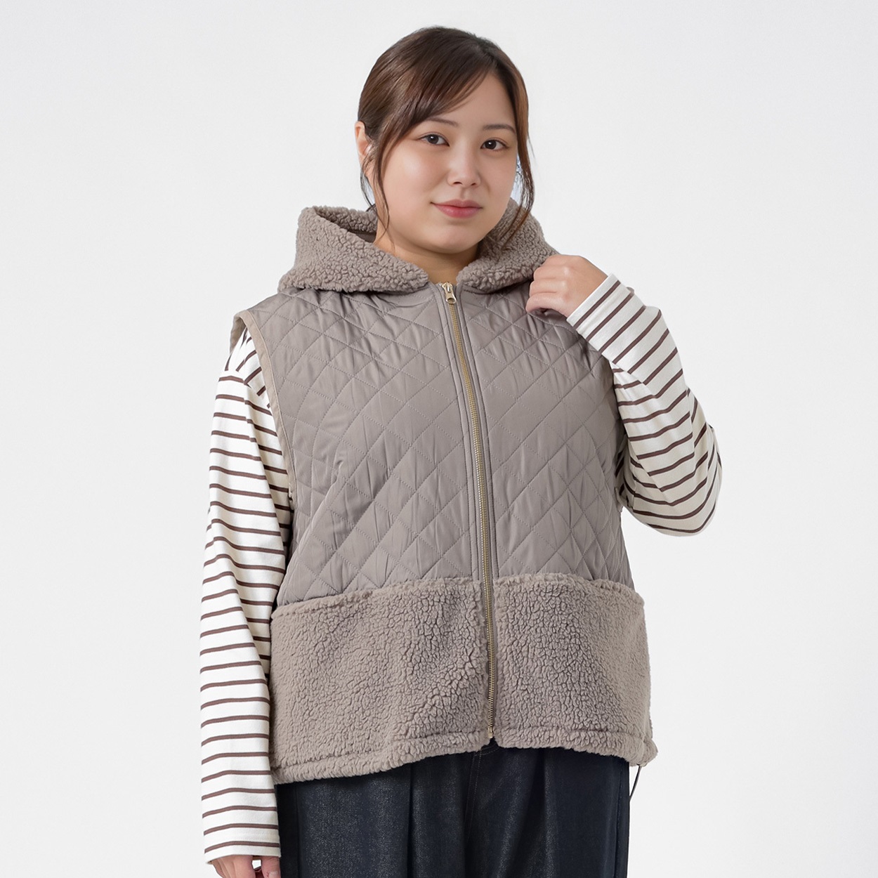 ＊Casual Style＊キルト切替フードボアベスト レディス 大きいサイズ noannu 230257L(モカ-3L)