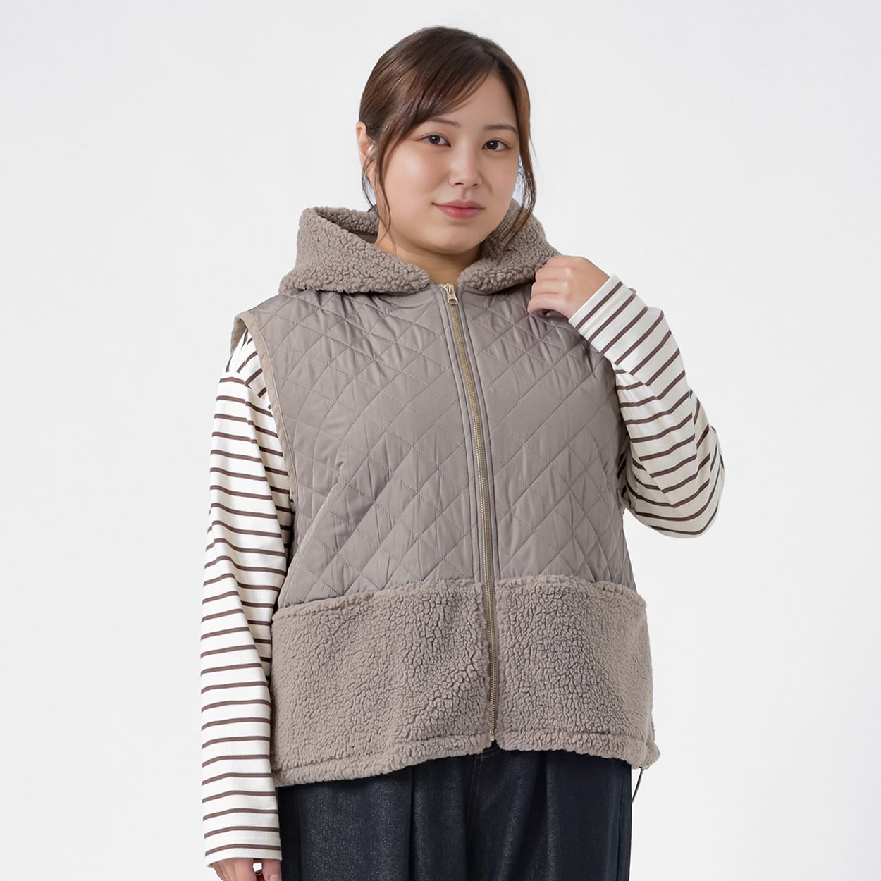 ＊Casual Style＊キルト切替フードボアベスト レディス 大きいサイズ noannu 230257L(モカ-5L)