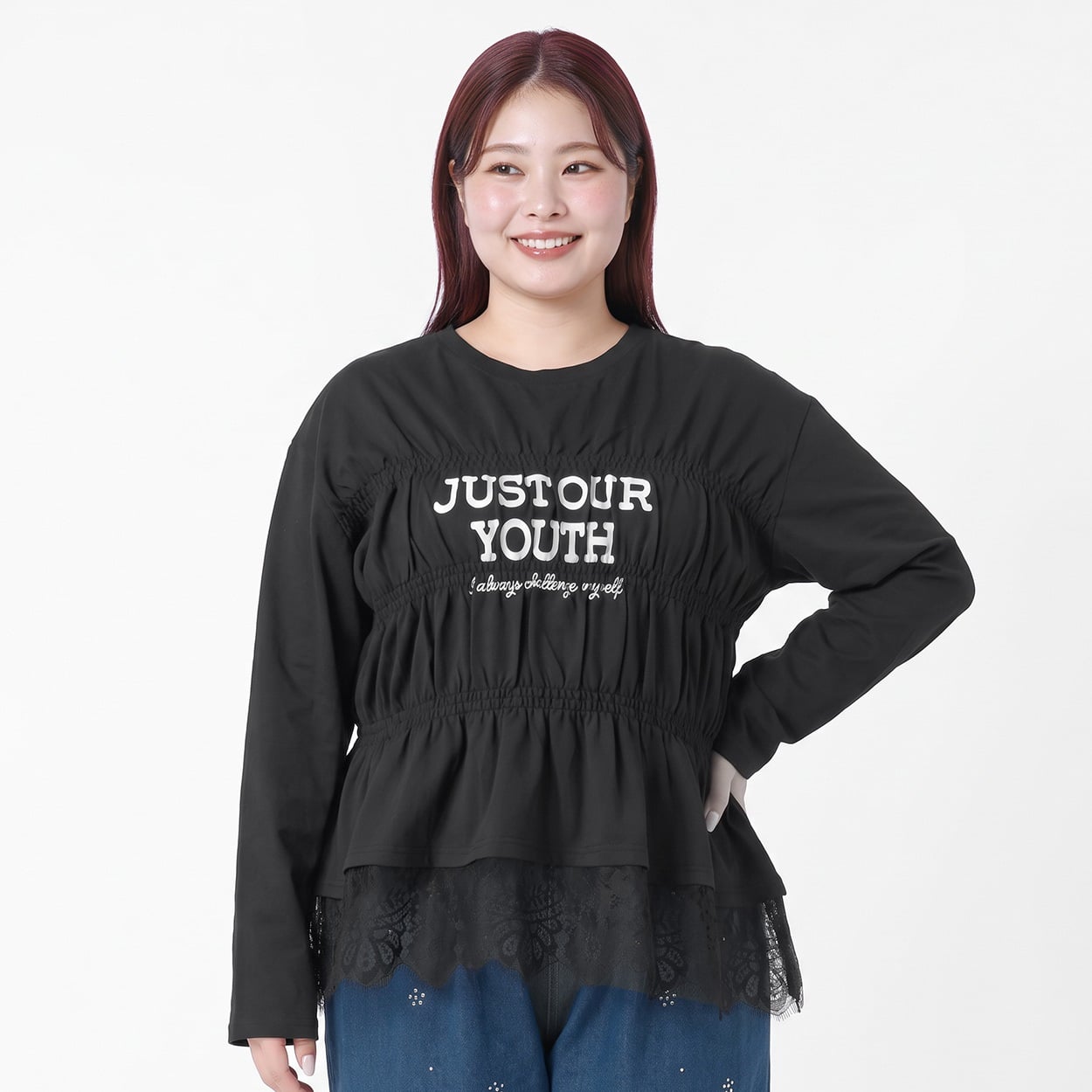 ＊K-style＊裾レースシャーリングロングTシャツ レディス ぽっちゃりサイズのnoannu 3806634(ブラック-4L)