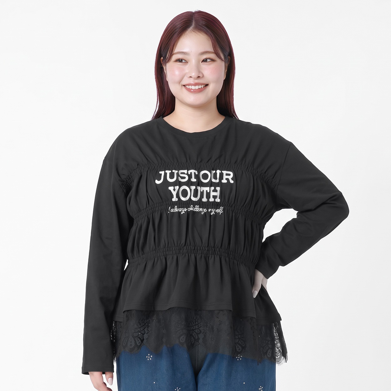 ＊K-style＊裾レースシャーリングロングTシャツ レディス ぽっちゃりサイズのnoannu 3806634(ブラック-5L)