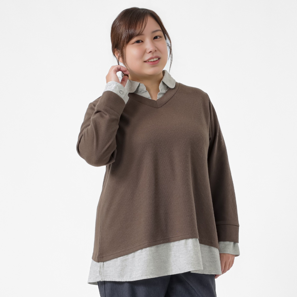Wフェイスダンガリーシャツフェイクカットソー レディス 大きいサイズ noannu 5568019(モカ-5L)