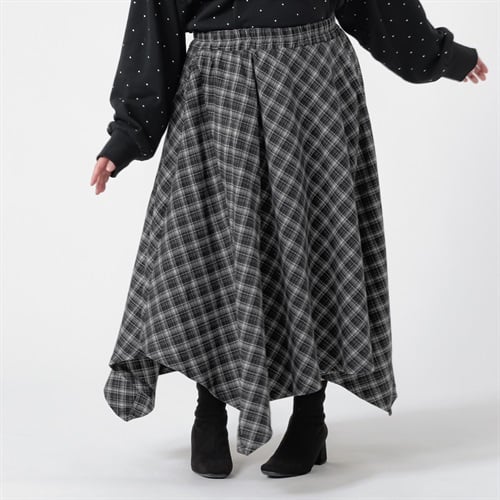 ＊K-style＊再生糸チェックイレヘムスカート レディス ぽっちゃりサイズのnoannu 336961(ブラック-LL)
