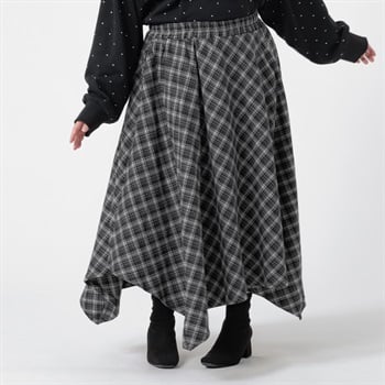 ＊K-style＊再生糸チェックイレヘムスカート レディス ぽっちゃりサイズのnoannu 336961(ブラック-LL)