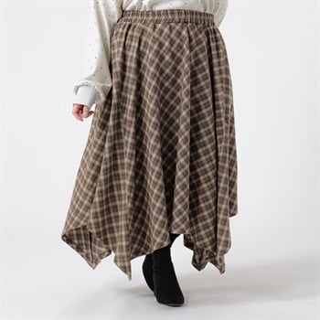 ＊K-style＊再生糸チェックイレヘムスカート レディス ぽっちゃりサイズのnoannu 336961(ブラウン-3L)