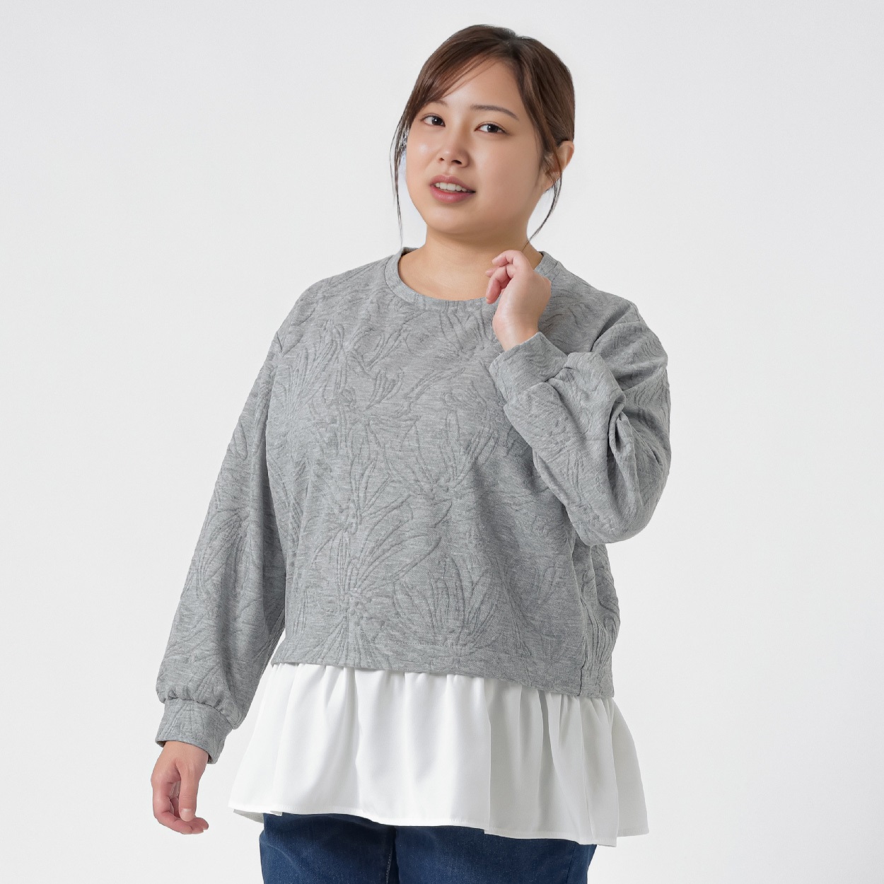 ＊Sweet Femi＊花柄ジャカードペプラムプルオーバー レディス 大きいサイズ noannu 363524(グレー-5L)
