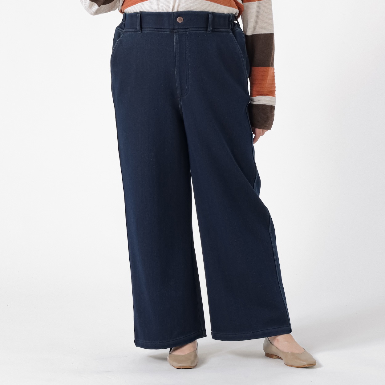 ＊Casual Style＊裏ボンディング二ットデニムセミワイドパンツ レディス 大きいサイズ noannu 396-1031-AR(ネイビー-4L)
