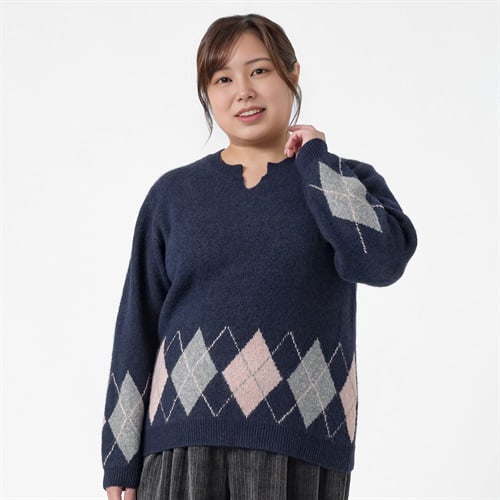 ＊ライン美＊アーガイルキーネックプルオーバー レディス 大きいサイズ noannu 641991LM(ネイビー-3L)