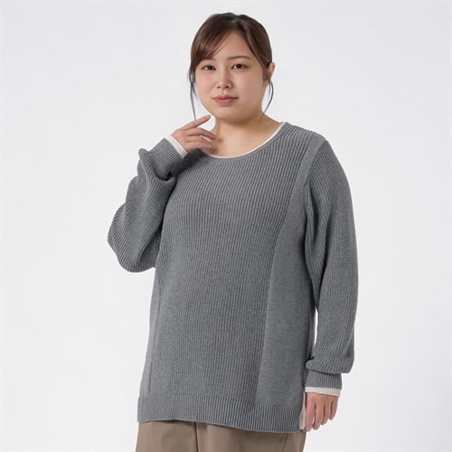 ＊ライン美＊衿袖配色アゼ切り替えプルオーバー レディス 大きいサイズ noannu 641992LM(チャコール-3L)
