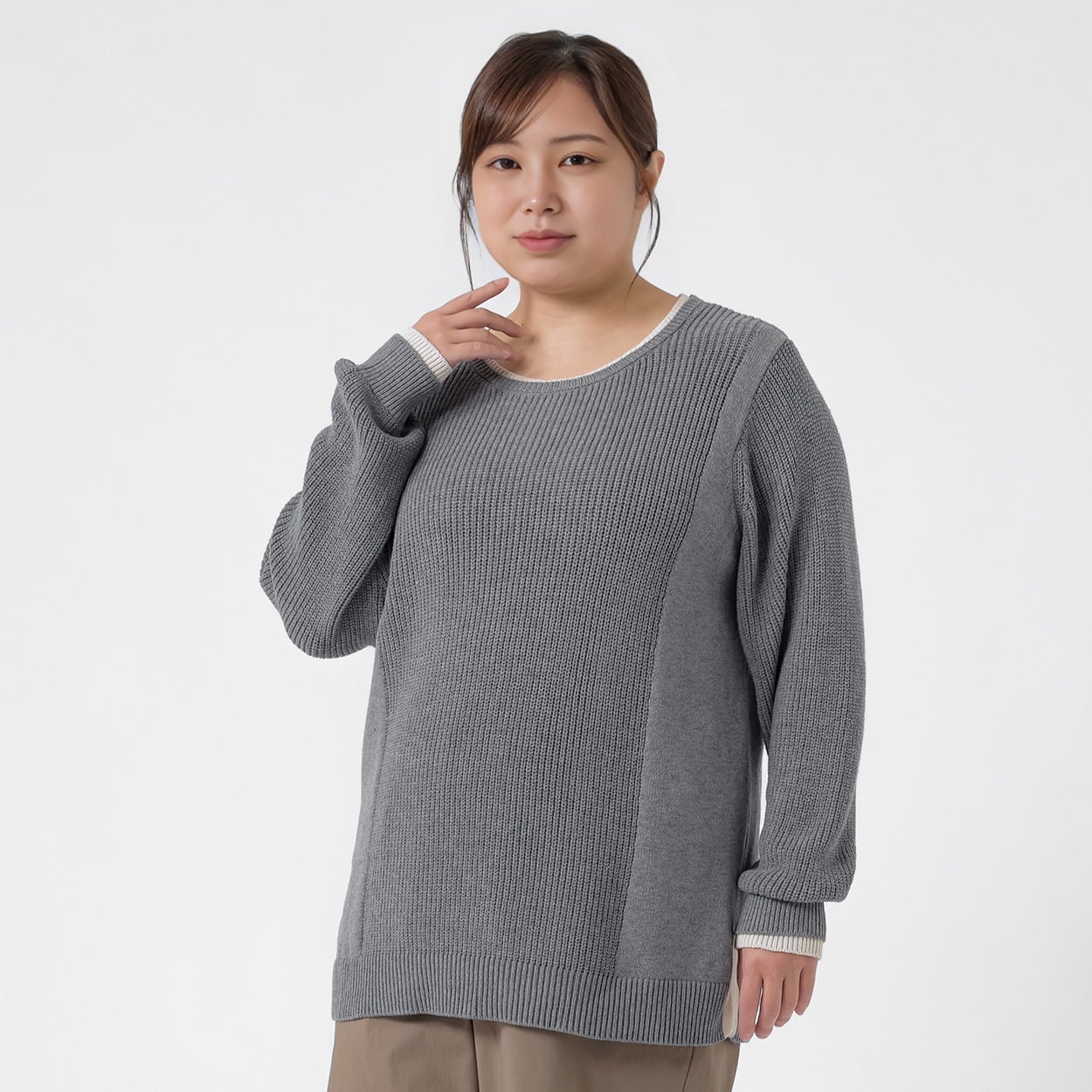 ＊ライン美＊衿袖配色アゼ切り替えプルオーバー レディス 大きいサイズ noannu 641992LM(チャコール-4L)