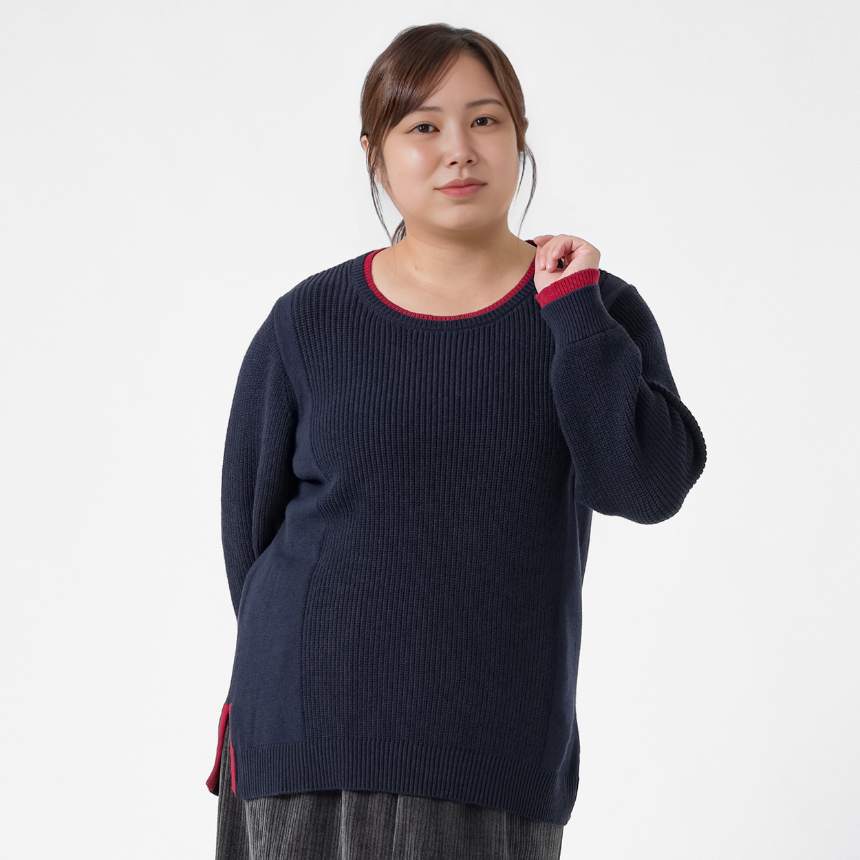 ＊ライン美＊衿袖配色アゼ切り替えプルオーバー レディス 大きいサイズ noannu 641992LM(ネイビー-4L)