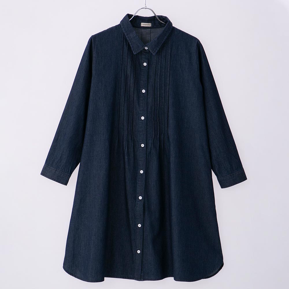 シャツ デニム素材 前開き 胸ピンタックデザイン レディス