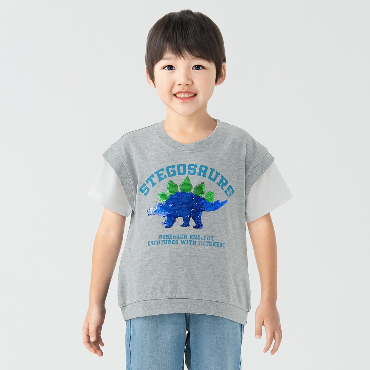 天竺ステゴザウルススパンコールTシャツ 男の子 キッズ 100cm-130cm(ライトグレー-100cm)