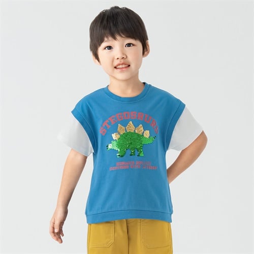 天竺ステゴザウルススパンコールTシャツ 男の子 キッズ 100cm-130cm(ブルー-100cm)
