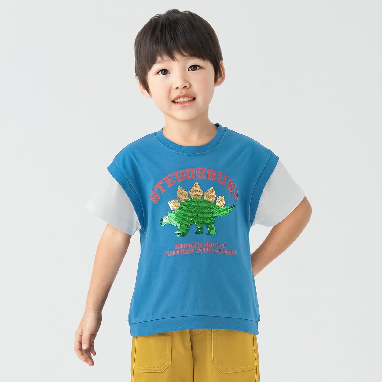 天竺ステゴザウルススパンコールTシャツ 男の子 キッズ 100cm-130cm(ブルー-120cm)