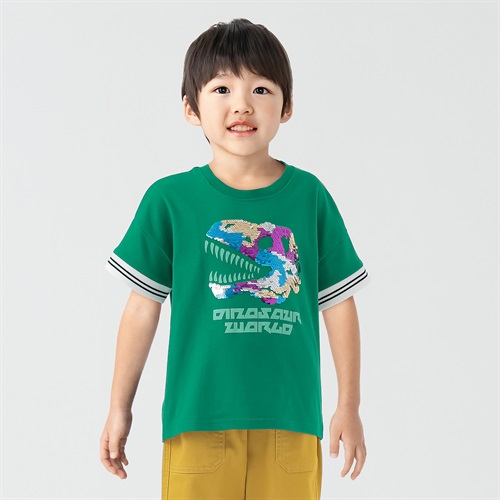 天竺恐竜顔スパンコールTシャツ 男の子 キッズ 100cm-130cm(グリーン-100cm)