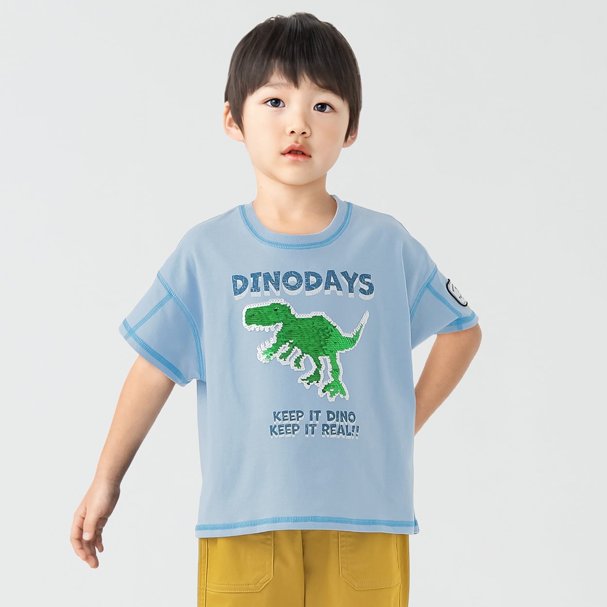 天竺テラノザウルススパンコールTシャツ 男の子 キッズ 100cm-130cm(ブルー-110cm)