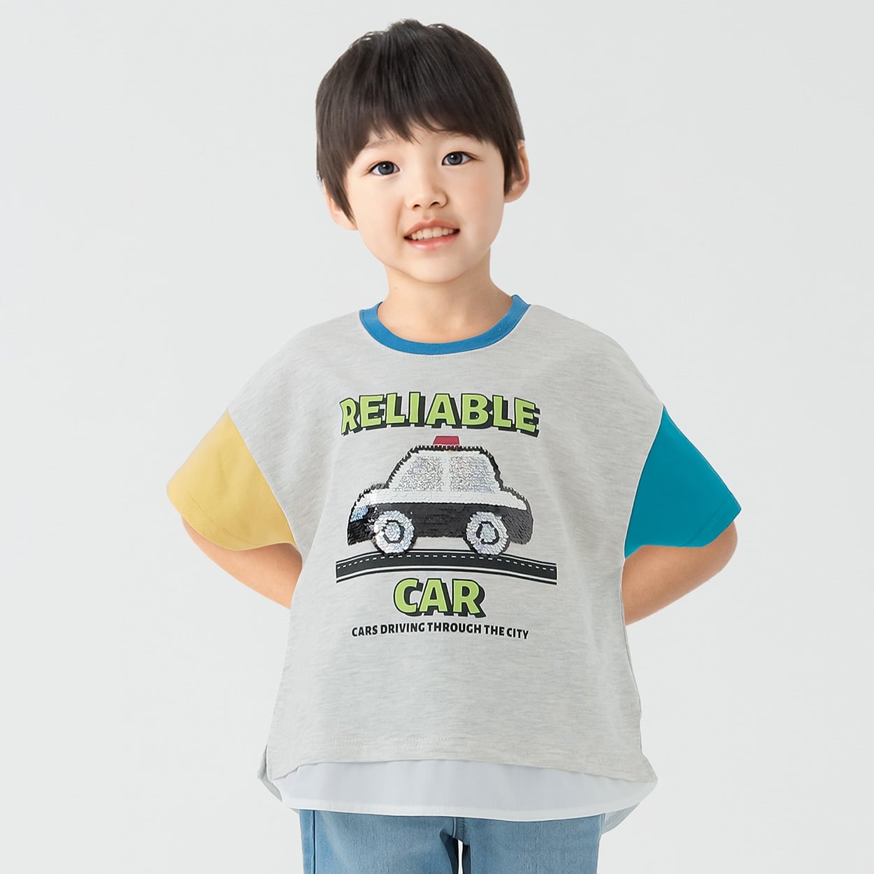 天竺パトカースパンコール裾フェイクTシャツ 男の子 キッズ 100cm-130cm(ライトグレー-110cm)