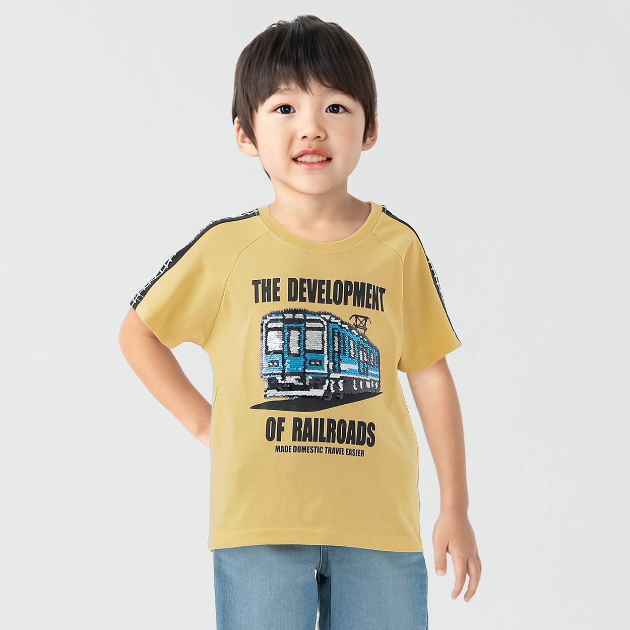 天竺電車スパンコールラグランTシャツ 男の子 キッズ 100cm-130cm(イエロー-100cm)
