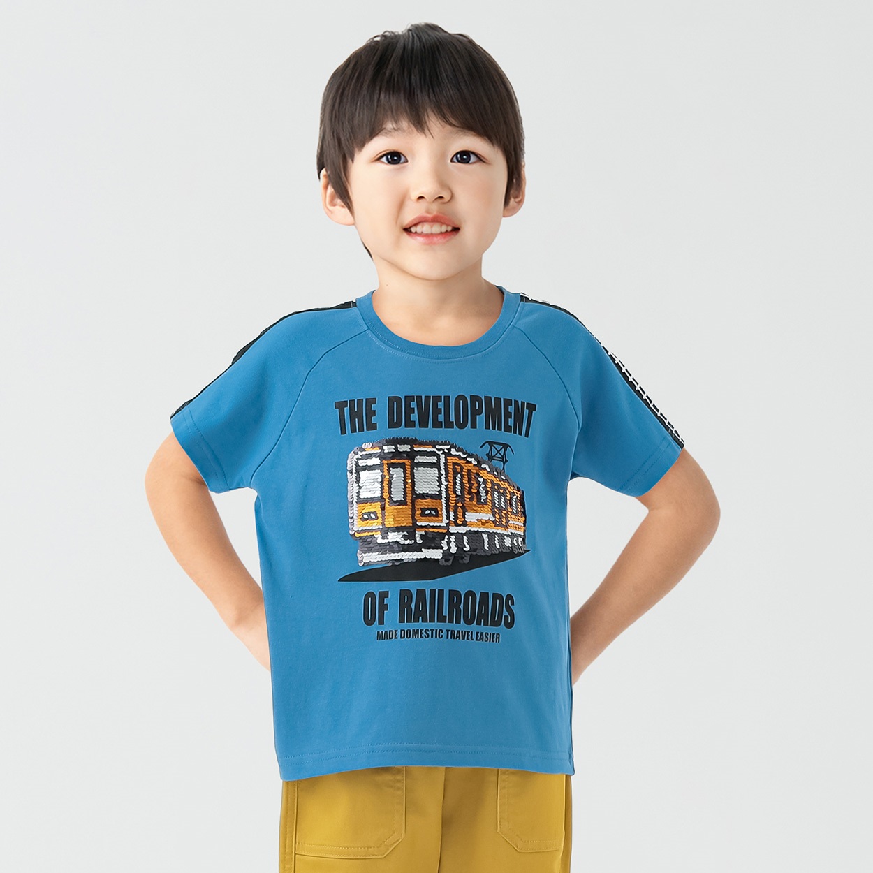 天竺電車スパンコールラグランTシャツ 男の子 キッズ 100cm-130cm(ブルー-110cm)