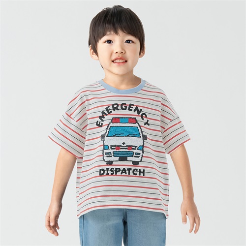 天竺働く車スパンコールマルチボーダーTシャツ 男の子 キッズ 100cm-130cm(オレンジ-100cm)