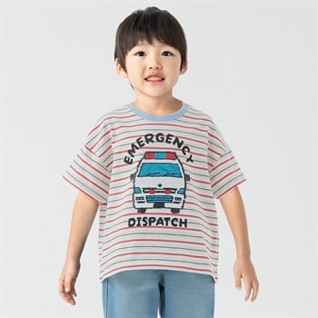 天竺働く車スパンコールマルチボーダーTシャツ 男の子 キッズ 100cm-130cm(オレンジ-100cm)