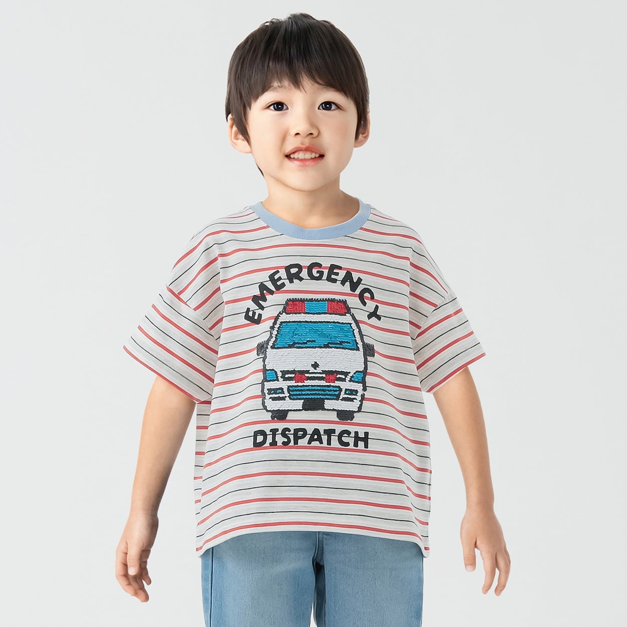 天竺働く車スパンコールマルチボーダーTシャツ 男の子 キッズ 100cm-130cm(オレンジ-120cm)
