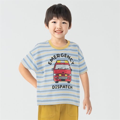 天竺働く車スパンコールマルチボーダーTシャツ 男の子 キッズ 100cm-130cm