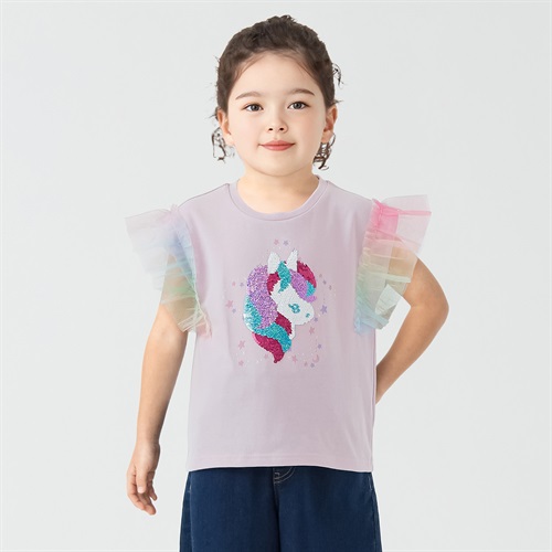天竺ユニコーンスパンコール袖チュールTシャツ 女の子 キッズ 100cm-130cm(ピンク-100cm)