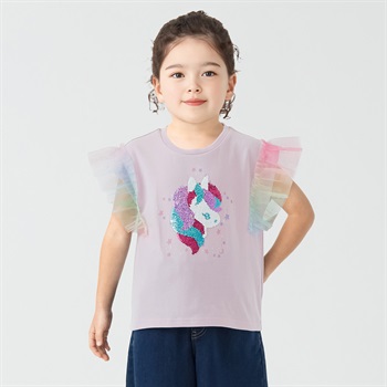 天竺ユニコーンスパンコール袖チュールTシャツ 女の子 キッズ 100cm-130cm(ピンク-100cm)