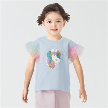 天竺ユニコーンスパンコール袖チュールTシャツ 女の子 キッズ 100cm-130cm(サックス-100cm)