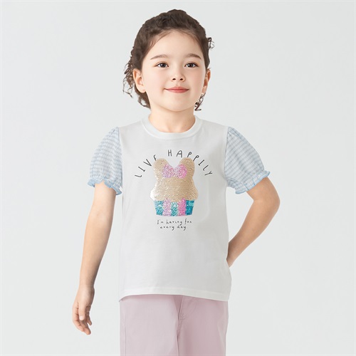 天竺ケーキスパンコール袖ギンガムTシャツ 女の子 キッズ 100cm-130cm