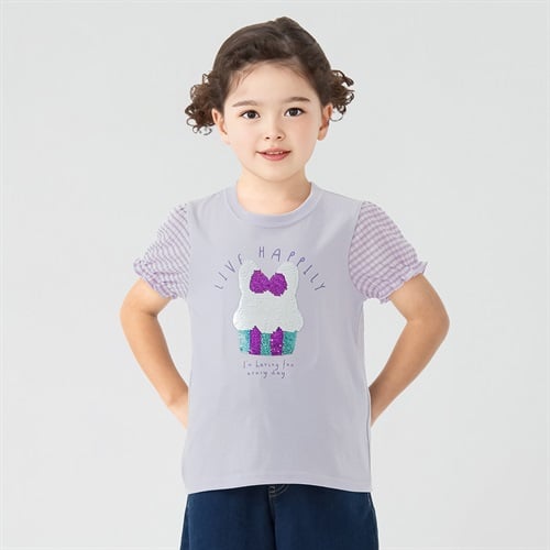 天竺ケーキスパンコール袖ギンガムTシャツ 女の子 キッズ 100cm-130cm(パープル-100cm)