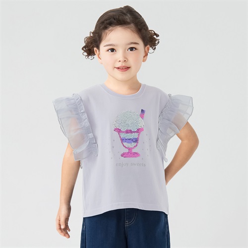 天竺パフェスパンコール袖オーガンジーTシャツ 女の子 キッズ 100cm-130cm(パープル-100cm)