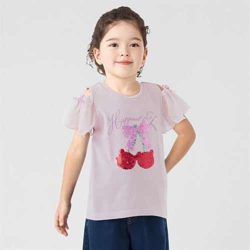 天竺チェリくまスパンコール袖シフォンTシャツ 女の子 キッズ 100cm-130cm
