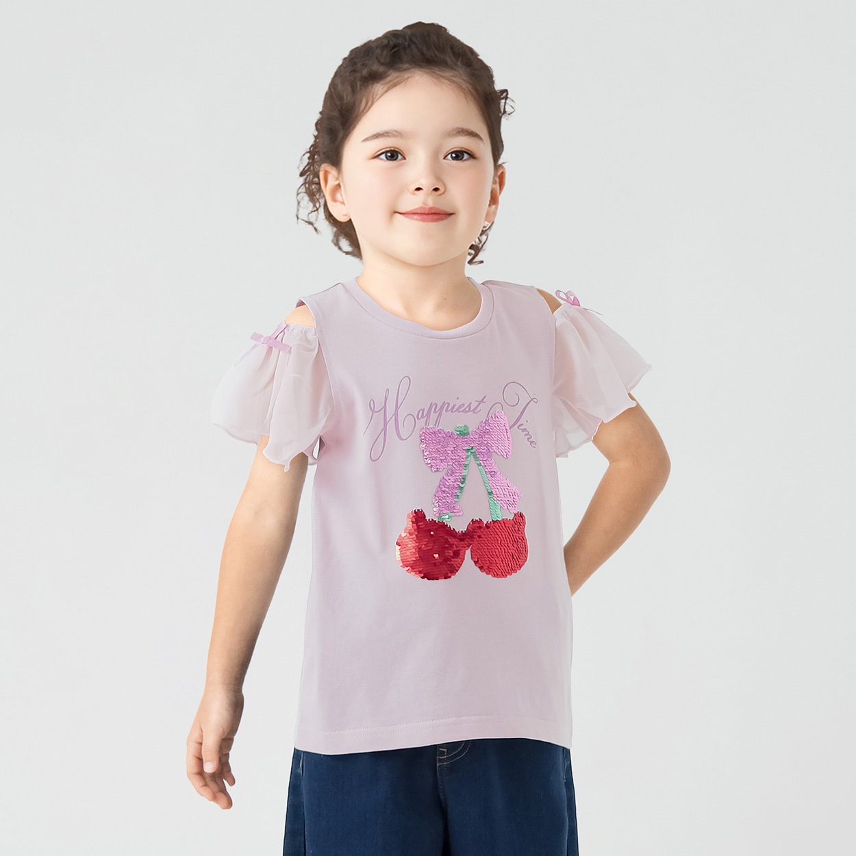 天竺チェリくまスパンコール袖シフォンTシャツ 女の子 キッズ 100cm-130cm(ピンク-120cm)