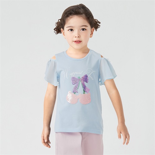 天竺チェリくまスパンコール袖シフォンTシャツ 女の子 キッズ 100cm-130cm(サックス-100cm)